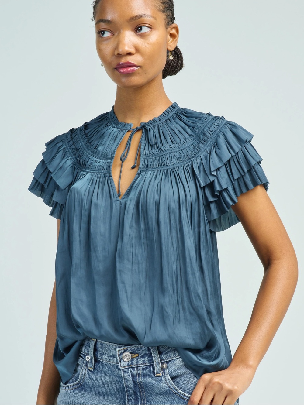 Ulla Johnson Elvie Top Women’s 6 Blue Ruffle Cascade Blouse Tassel Quiet Luxury